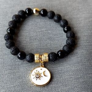 Gold & Diffuser Lava Rock Sun Moon Cz Charm Beaded Bracelet